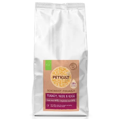Hrana semi-umeda pentru caini Petkult adult talie mica curcan caprioara si orez 1.5 kg - Copie