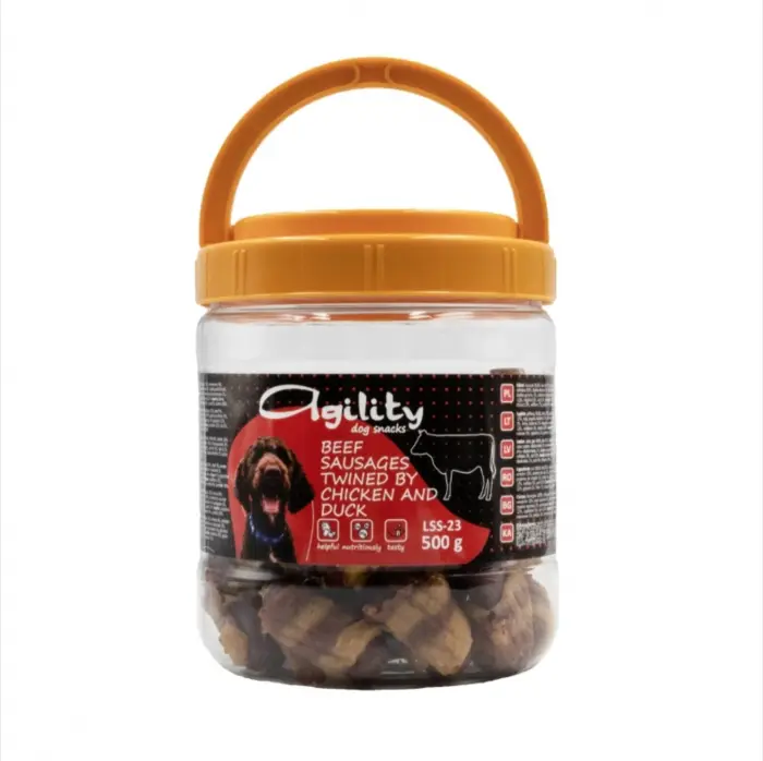 Recompense delicioase pentru caini Agility LSS-23, carnati de vita impletiti cu pui si rata, 500g