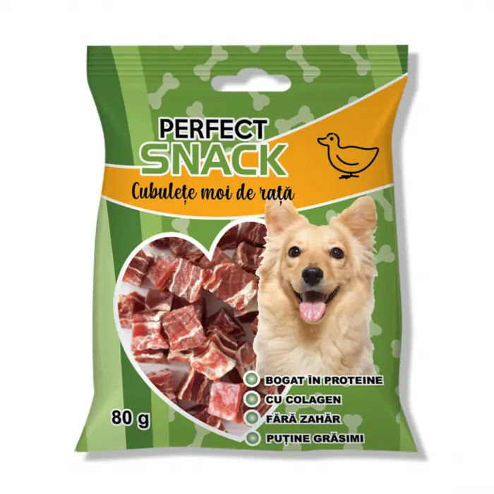 Perfect Snack, recompense delicioase pentru caini, Cubulete moi de rata , 80 g
