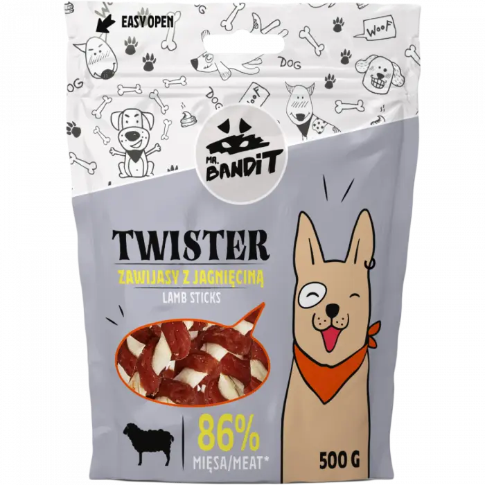 Recompense pentru caini Mr. Bandit TWISTER, miel, 500g