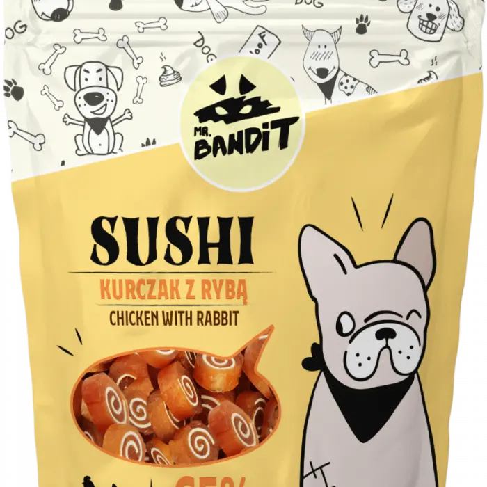 Recompense pentru caini Mr. Bandit SUSHI, pui si peste, 80g