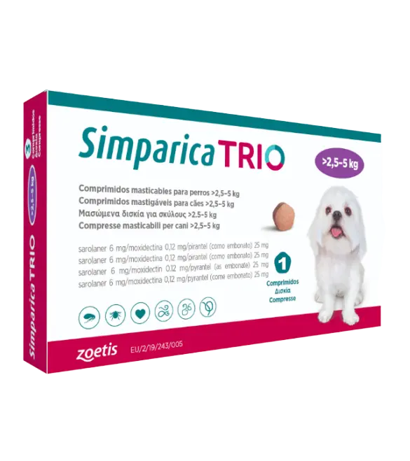 Simparica Trio Caini 6 mg (2.6 - 5 kg) Deparazitare interna si externa, 3 x comprimate masticabile