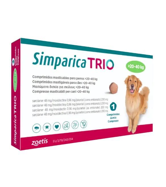 Simparica Trio Caini 48 mg (20.1 - 40 kg) Deparazitare interna si externa, 3 x comprimate masticabile