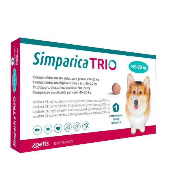 Simparica Trio Caini 24 mg (10.1 - 20 kg) Deparazitare interna si externa, 3 x comprimate masticabile