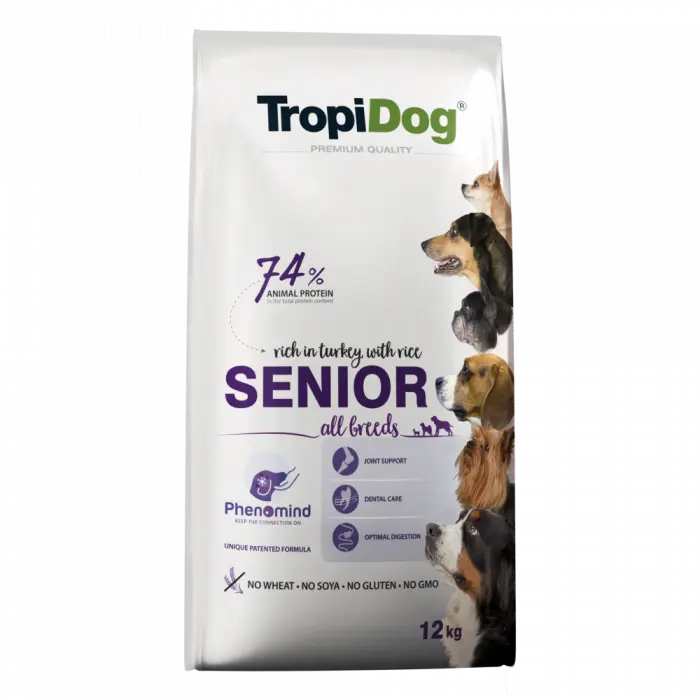 TropiDog, hrana uscata Premium Senior cu curcan si orez,  12 kg
