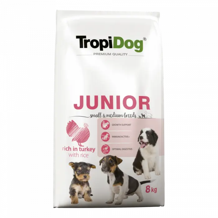 TropiDog, hrana uscata Premium Junior Talie mica si medie,  8 kg