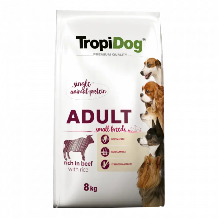 TropiDog, hrana uscata Premium Talie mica cu Vita si orez, 2.5 kg