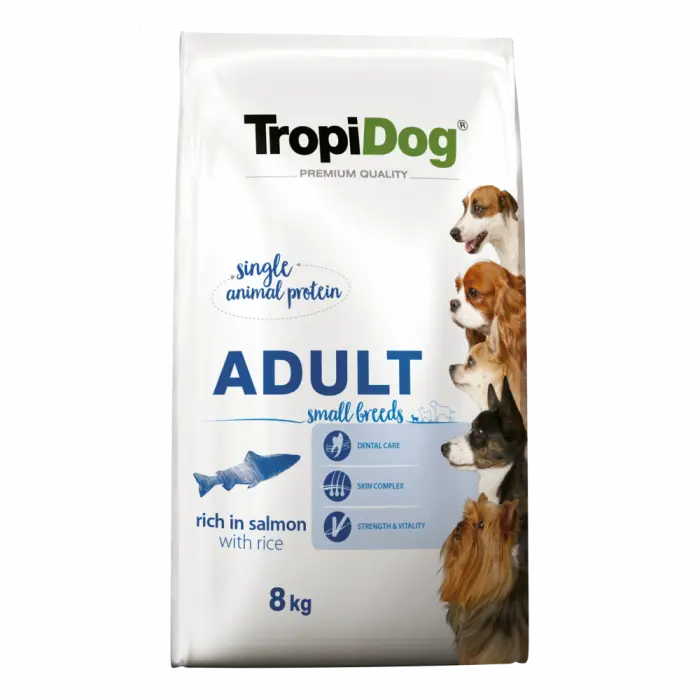 TropiDog, hrana uscata Premium Talie mica cu Somon si orez,  8 kg