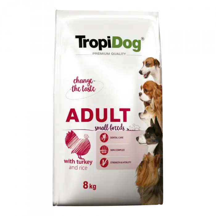 TropiDog, hrana uscata Premium Talie mica cu Curcan si orez, 8 kg