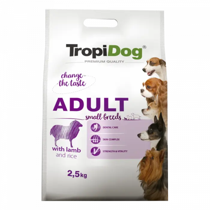 TropiDog, hrana uscata Premium Talie mica cu Miel si orez,  2.5 kg