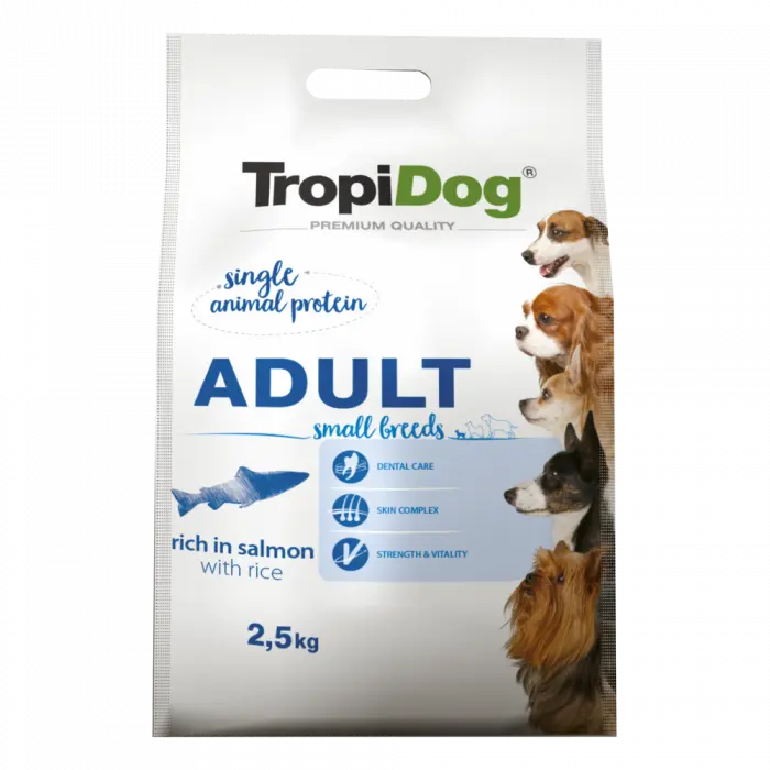 TropiDog, hrana uscata Premium Talie mica cu Somon si orez,  2.5 kg