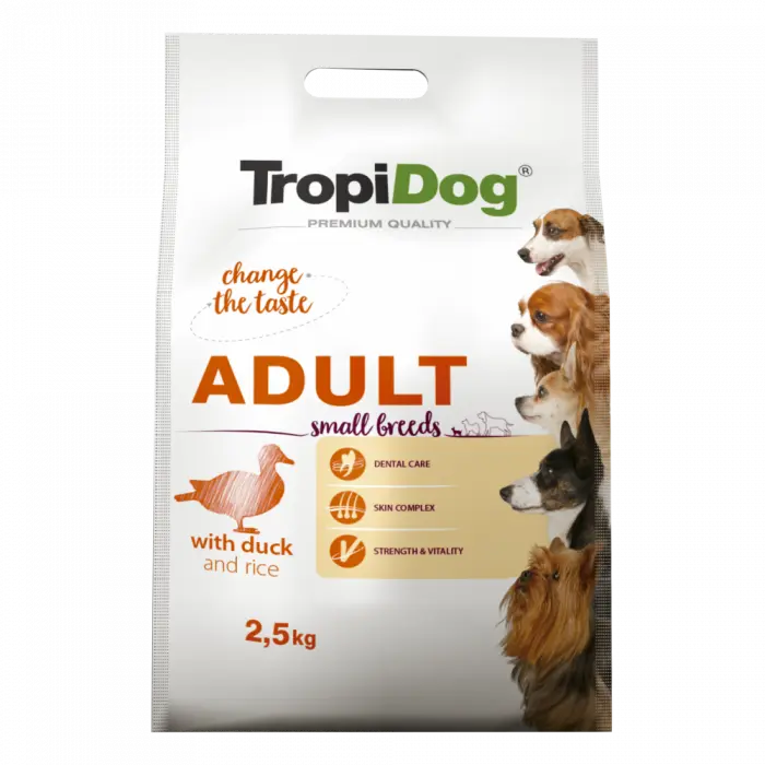 TropiDog, hrana uscata Premium Talie mica cu Rata si orez, 2.5 kg