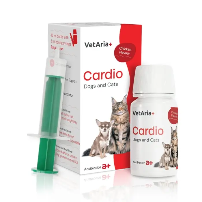 VetAria+ Cardio Caini si pisici, Suspensie orala palatabila cu aroma de pui, Flacon de 45 ml