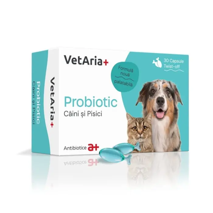 VetAria+ Probiotic Caini si pisici, 30 capsule twist off, palatabile, cu aroma de pui