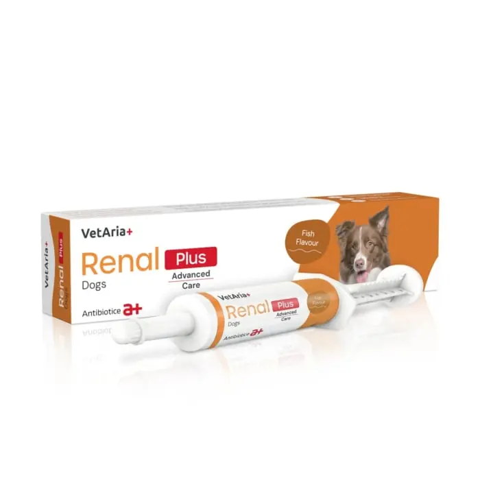 VetAria+ Renal Plus Dogs, Pasta palatabila cu aroma de peste, Seringa preumpluta de 60 ml