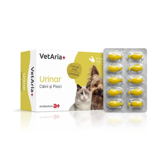 VetAria+ Urinar Caini si pisici, cutie cu 30 capsule twist off, palatabile, cu aroma de peste