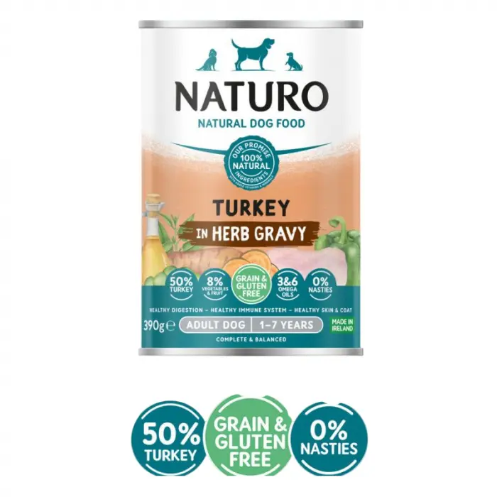 Conserva pentru caini Naturo Adult cu curcan, fructe  legume 390 gr