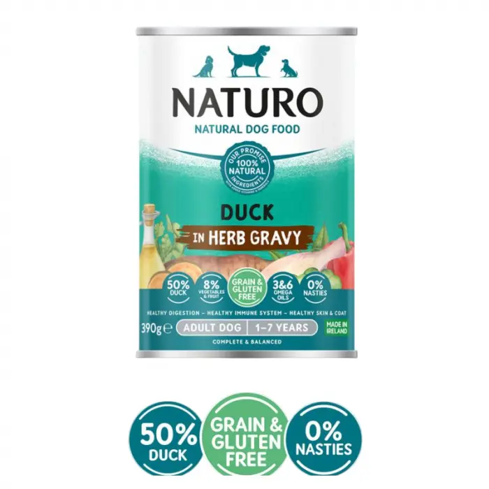 Conserva pentru caini Naturo Adult cu rata , fructe  legume 390 gr