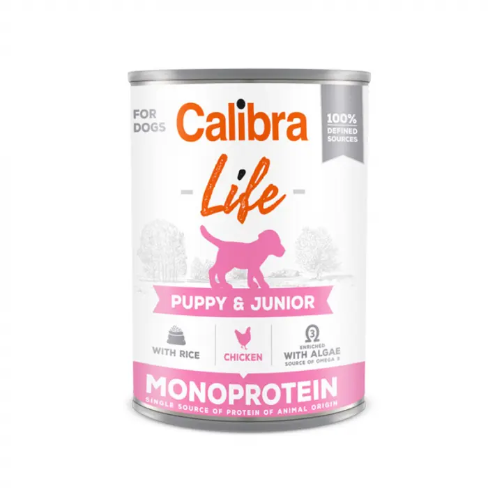 Conserva pentru caini Calibra Dog Life Puppy  Junior cu pui  orez 400 gr