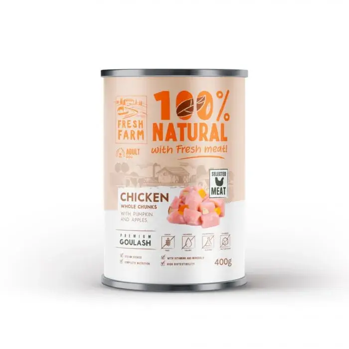 Conserva pentru caini Fresh Farm Goulash cu pui, dovleac  mere 400 gr