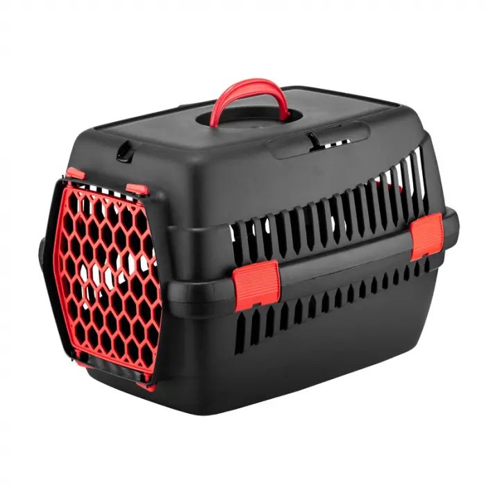 Cusca de transport 4Dog Deluxe neagra cu usa rosie 49 x 35 x 32,5 cm