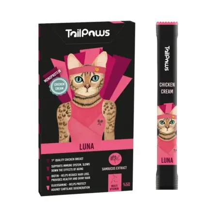 Gustare pentru pisici Tail Paws Luna Crema cu pui  vitamine 5 buc   pachet
