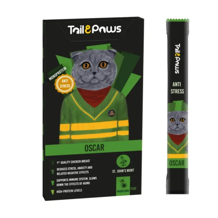 Gustare pentru pisici Tail Paws Oscar Crema Antistres cu pui 5 buc   pachet