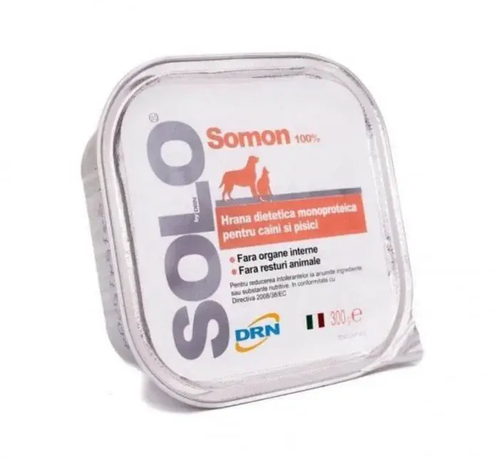 Hrana dietetica monoproteica pentru caini  pisici Solo cu somon 300 gr