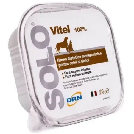 Hrana dietetica monoproteica pentru caini  pisici Solo cu vitel 300 gr