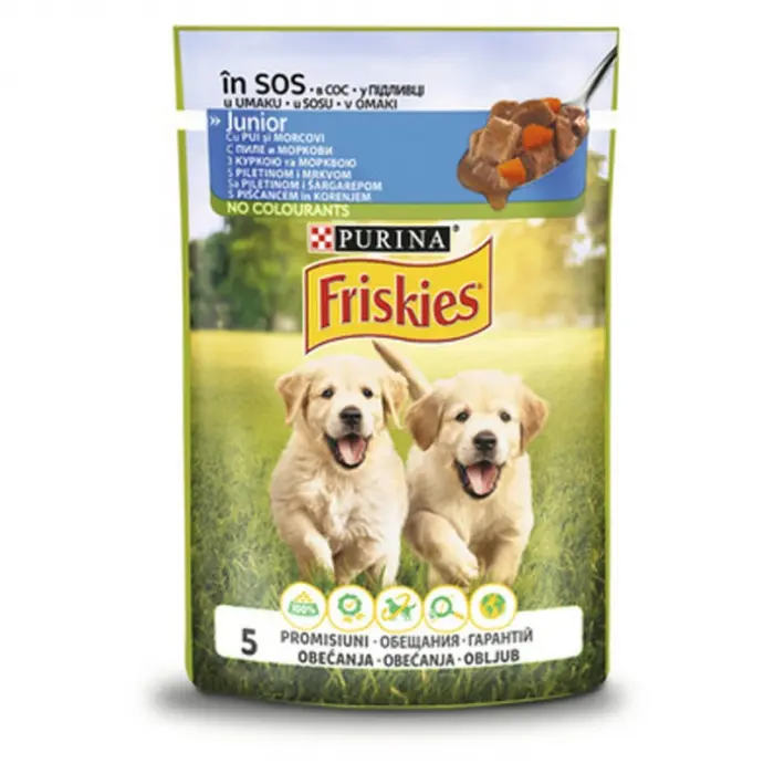 Hrana umeda pentru caini Friskies Junior cu pui  mazare in jeleu 100 gr