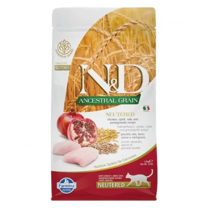 Hrana uscata pentru pisici Farmina ND Ancestral Grain Neutered cu pui  rodie 1,5 kg