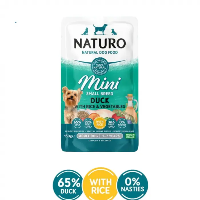 Hrana umeda pentru caini Naturo Mini Adult cu rata  orez 150 gr
