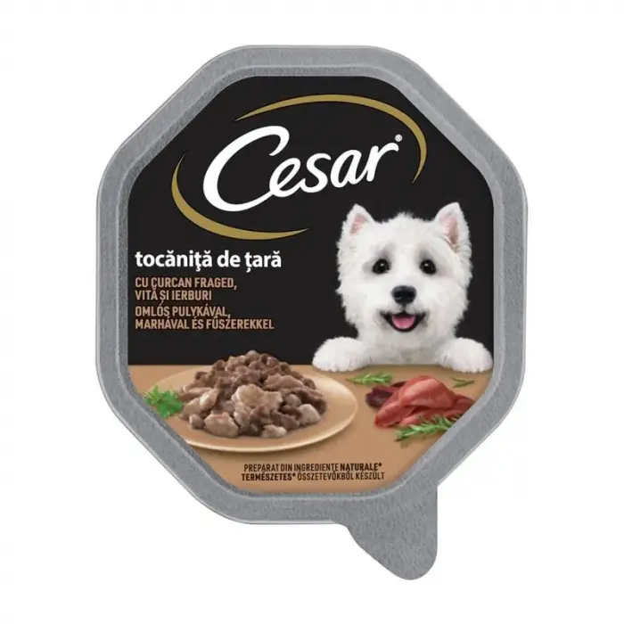 Hrana umeda pentru caini Cesar pate cu curcan, vita  legume 150 gr