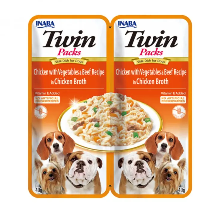 Hrana umeda pentru caini Churu Twin cu pui, legume vita in supa de pui 2 x 40 gr