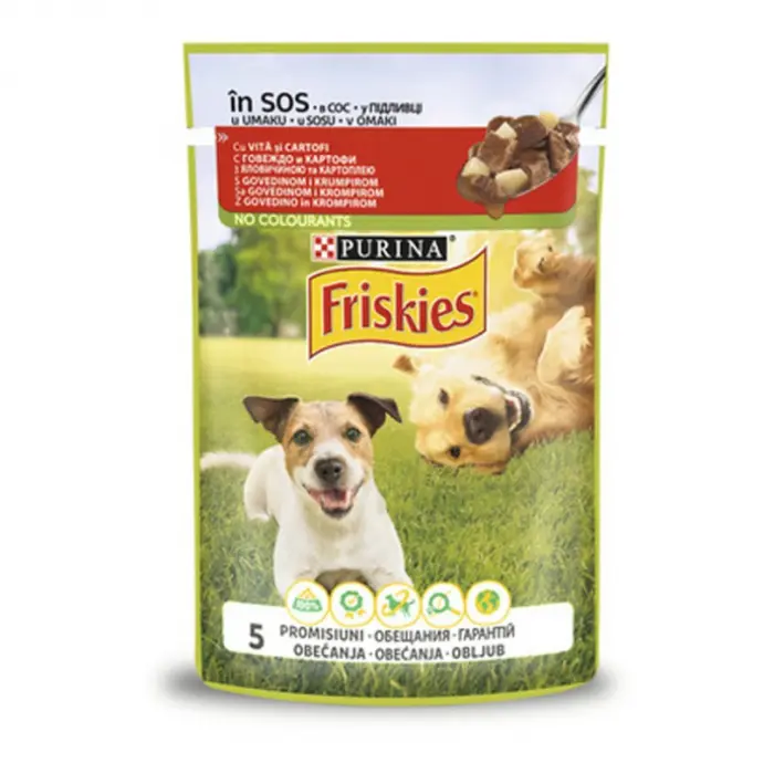 Hrana umeda pentru caini Friskies cu vita si cartofi in sos 100 g