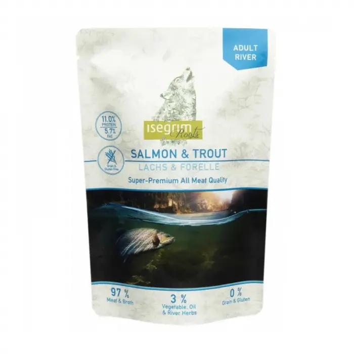 Hrana umeda pentru caini Isegrim Adult River cu somon  pastrav 410 gr