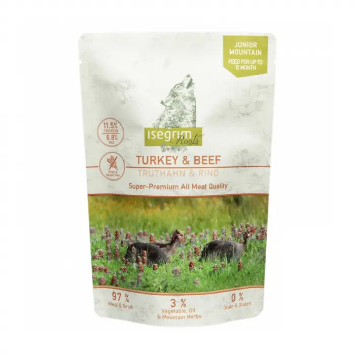 Hrana umeda pentru caini Isegrim Junior Mountain cu curcan  vita 410 gr