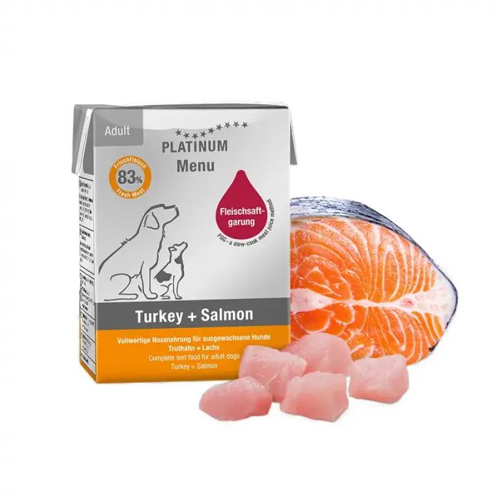 Hrana umeda pentru caini Platinum Menu Adult cu somon  curcan 185 gr