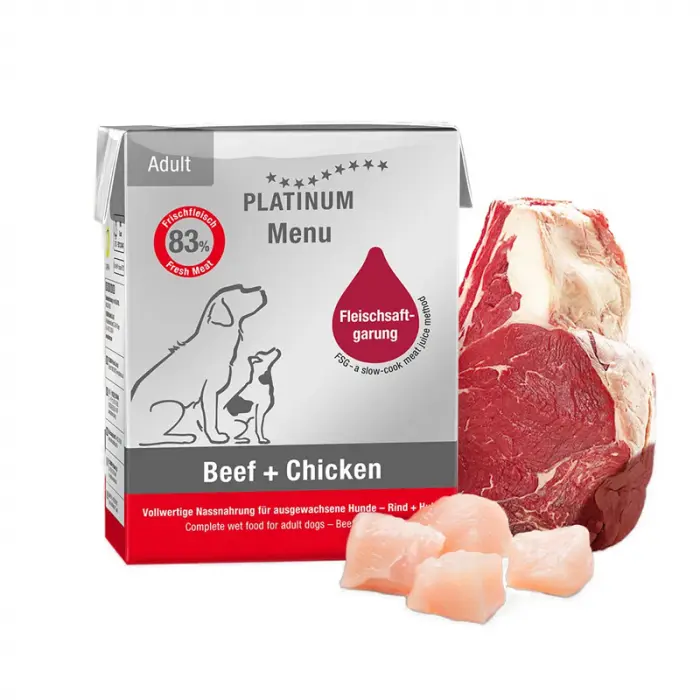 Hrana umeda pentru caini Platinum Menu Adult cu pui  vita 185 gr