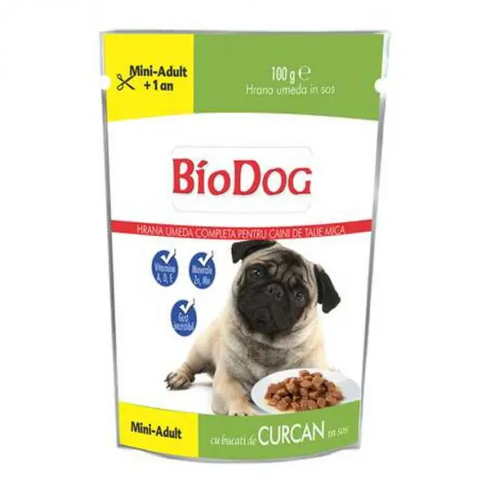 Hrana umeda pentru caini Biodog Mini Adult cu curcan in sos 100 gr
