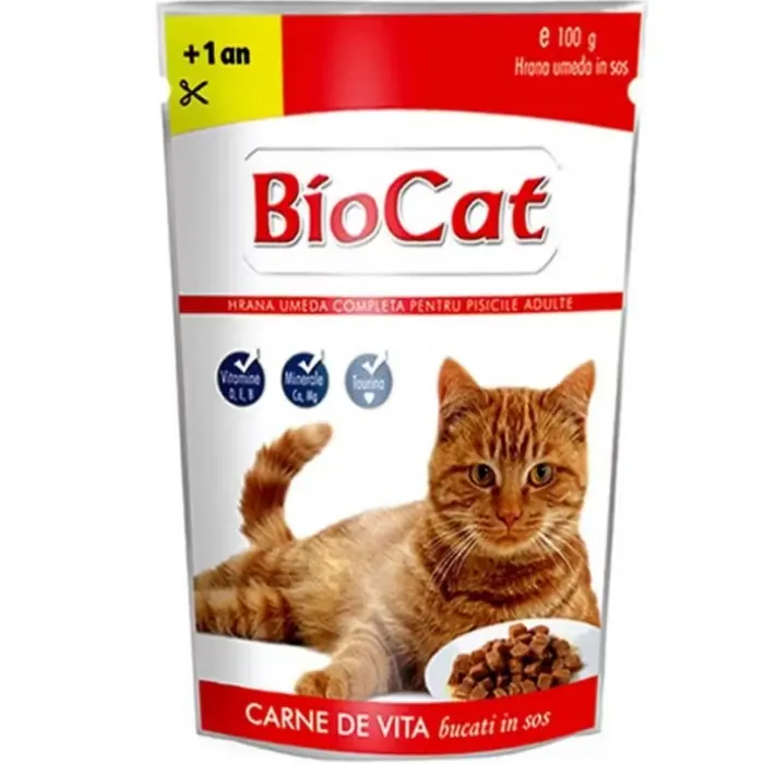 Hrana umeda pentru pisici Biocat cu vita in sos 100 gr