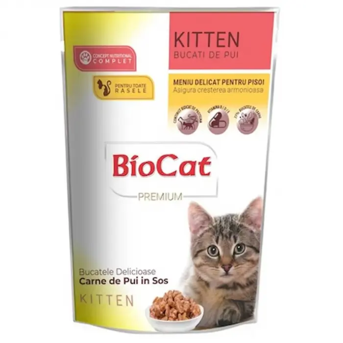 Hrana umeda pentru pisici Biocat Kitten cu pui in sos 85 gr