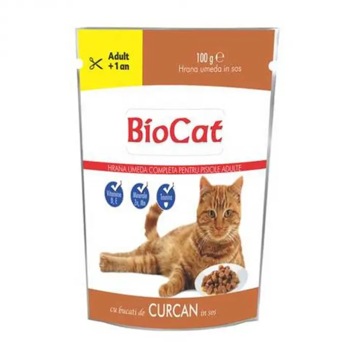 Set 22 buc x 100 gr Hrana umeda pentru pisici Biocat cu curcan in sos