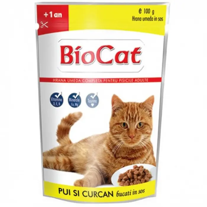 Hrana umeda pentru pisici Biocat cu pui  curcan in sos 100 gr
