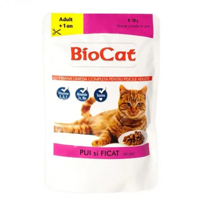 Hrana umeda pentru pisici Biocat cu pui  ficat in sos 100 gr