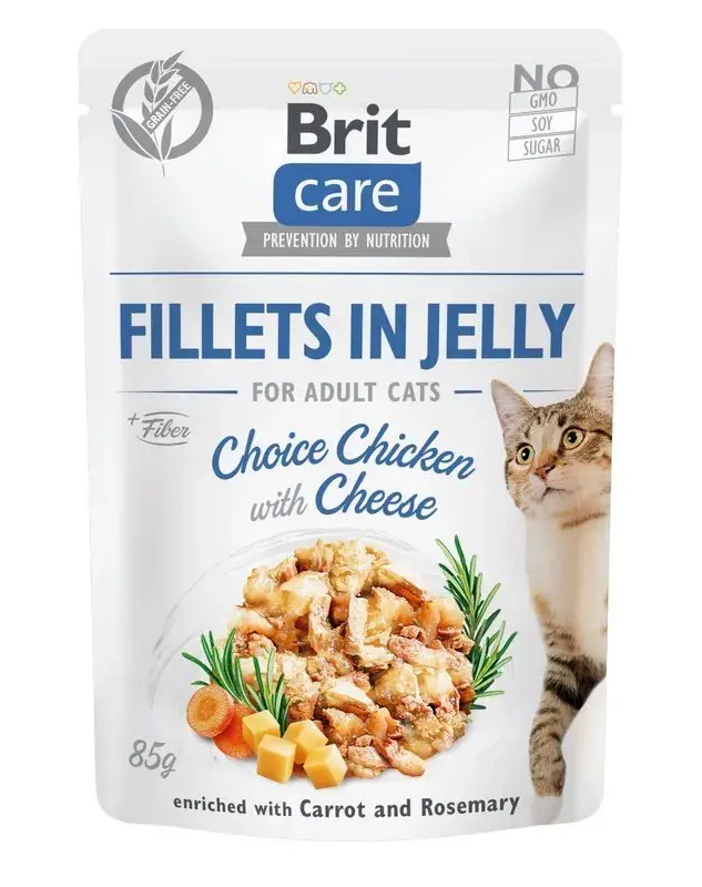 Hrana umeda pentru pisici Brit Care Fillets in Jelly cu pui branza 85 gr