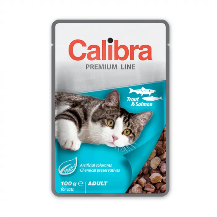 Hrana umeda pentru pisici Calibra Premium Line cu pastrav somon 100 gr