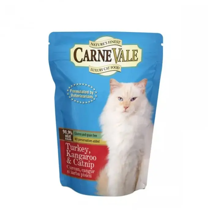 Hrana umeda pentru pisici Carnevale cu curcan, cangur  iarba pisicii 85 gr