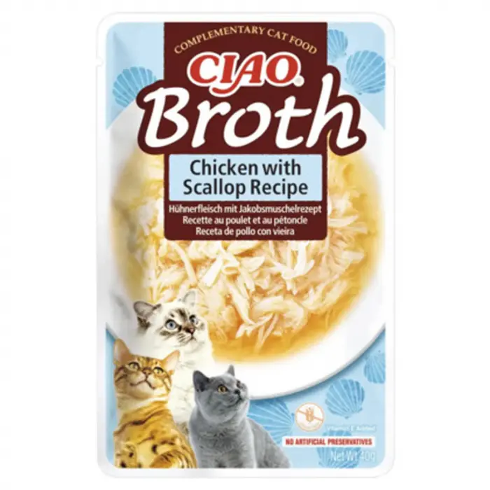 Hrana umeda pentru pisici Ciao Broth cu pui  scoici 40 gr