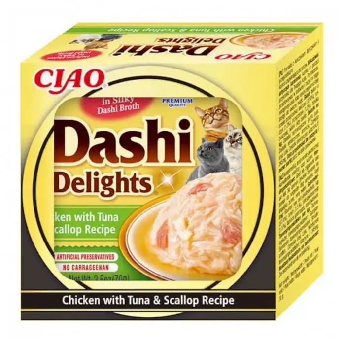 Hrana umeda pentru pisici Ciao Dashi Delights cu pui  ton  scoici 70 gr